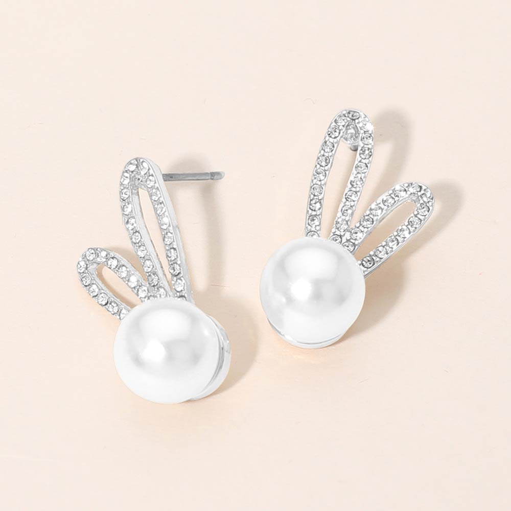 Rhinestone Pave Ear Pearl Bunny Stud Earrings