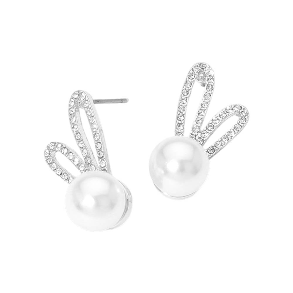 Rhinestone Pave Ear Pearl Bunny Stud Earrings