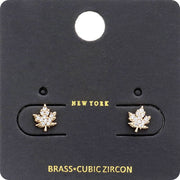 CZ Stone Embellished Brass Metal Maple Leaf Stud Earrings