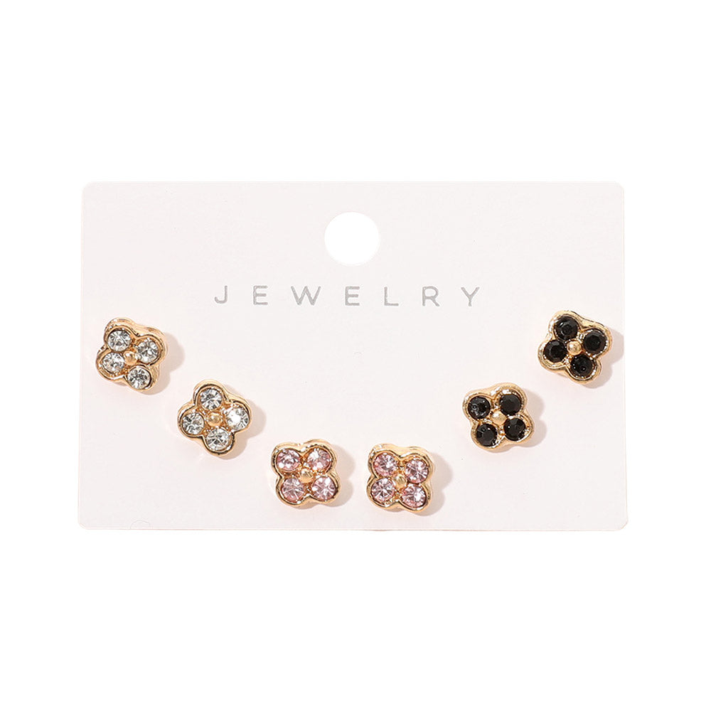 3Pairs - Sparkling Quatrefoil Stud Earring Set