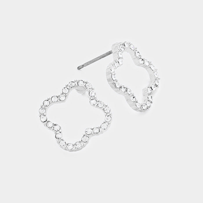 Stone Trimmed Quatrefoil Clover Stud Earrings