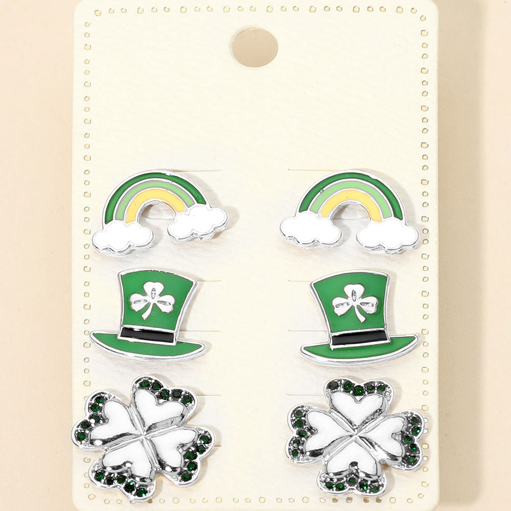 3Pairs - St Patricks Clover Hat Rainbow Stud Earring Set