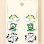 3Pairs - St Patricks Clover Hat Rainbow Stud Earring Set