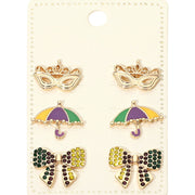 3Pairs - Mardi Gras Mask Umbrella Bow Stud Earring Set