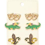 3Pairs - Mardi Gras Mask Crocodile Fleur de Lis Stud Earring Set