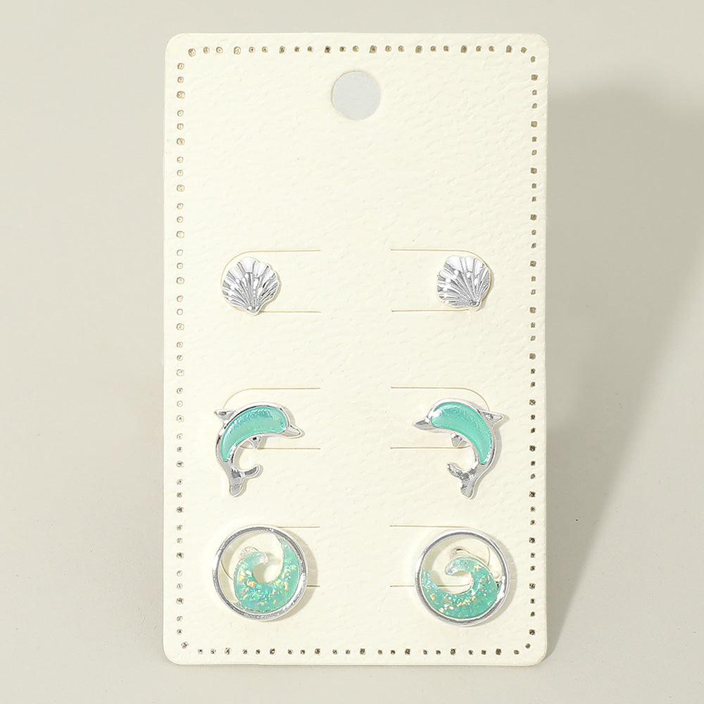 3Pairs - Ocean Theme Shell Dolphin Wave Stud Earring Set