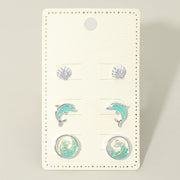 3Pairs - Ocean Theme Shell Dolphin Wave Stud Earring Set