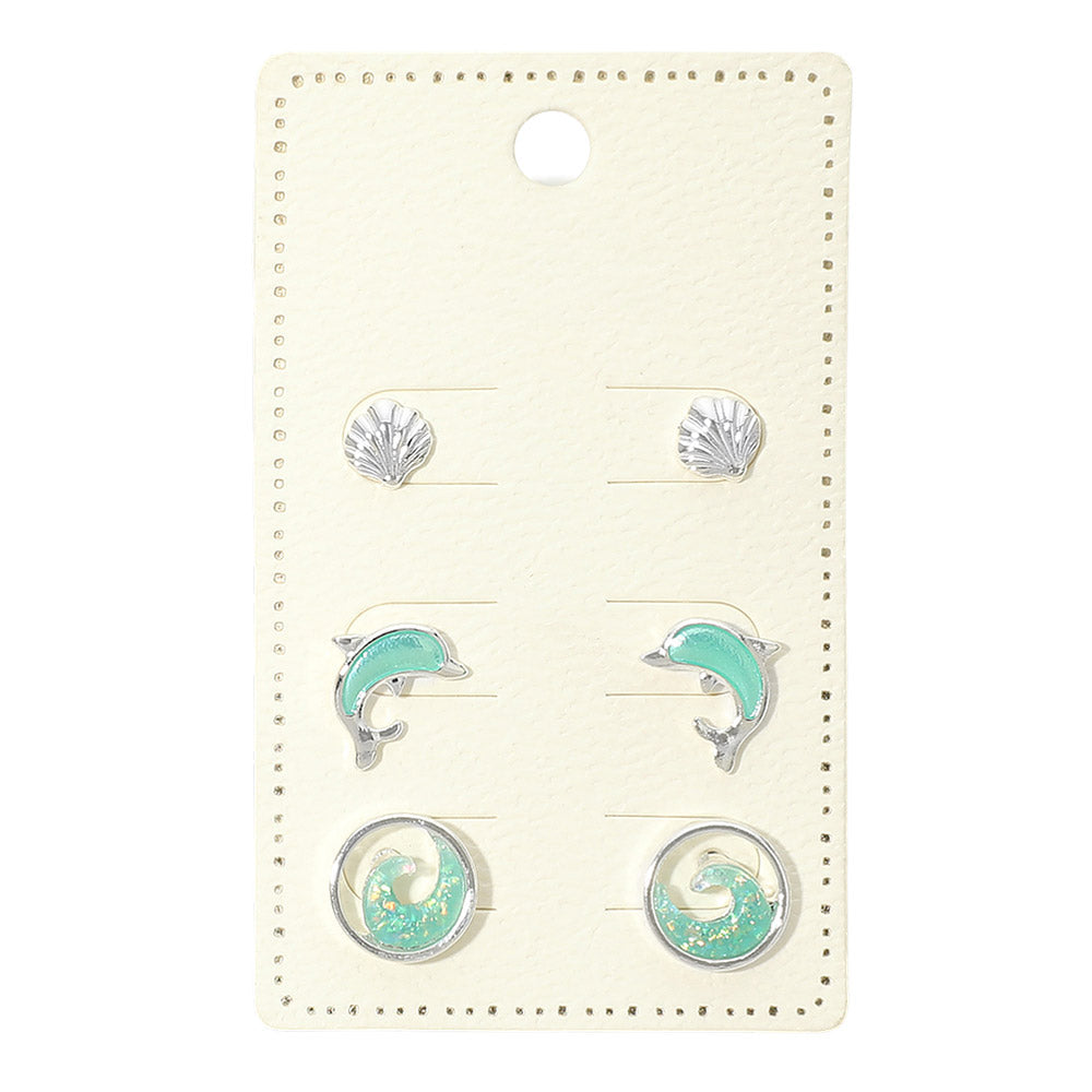 3Pairs - Ocean Theme Shell Dolphin Wave Stud Earring Set