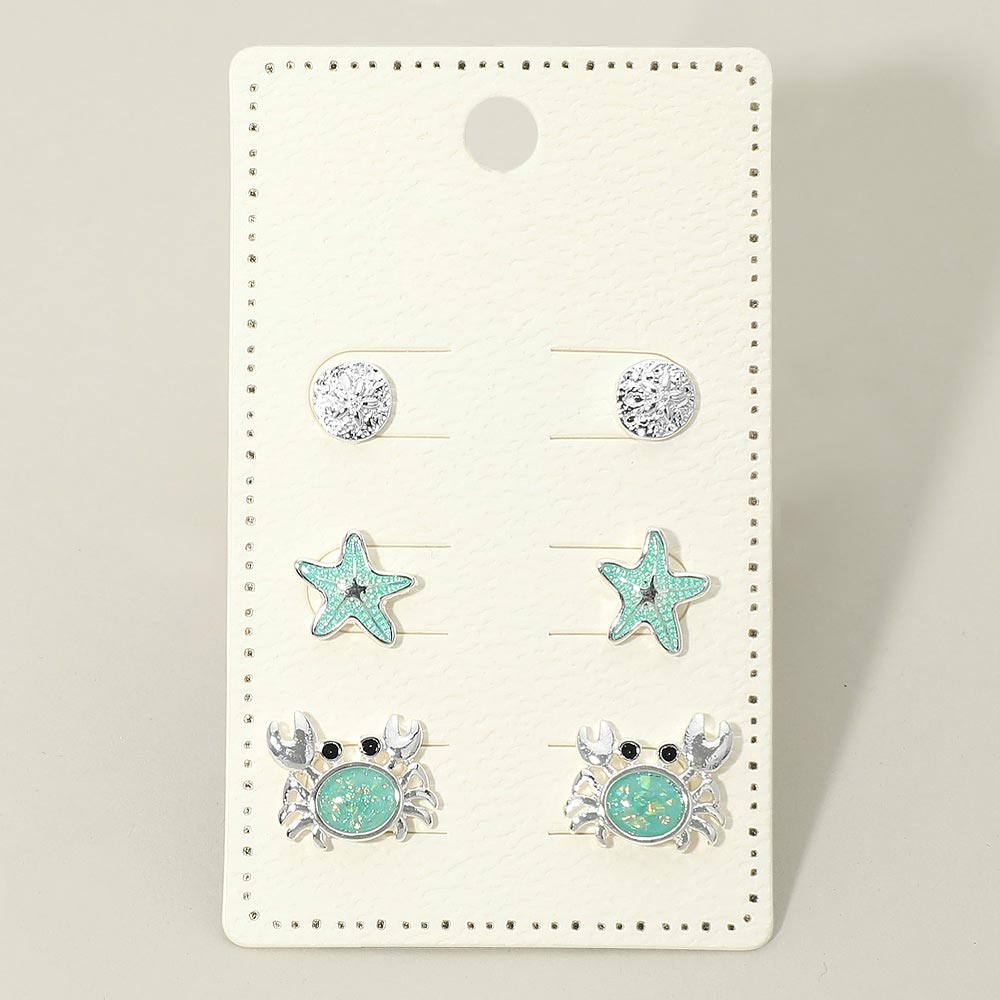 3Pairs - Ocean Theme Sand Dollar Starfish Crab Stud Earring Set