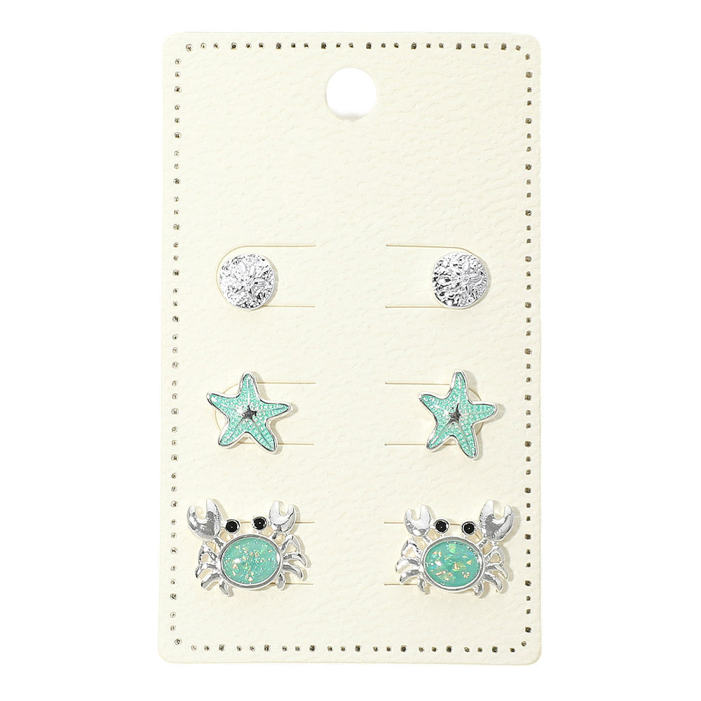 3Pairs - Ocean Theme Sand Dollar Starfish Crab Stud Earring Set