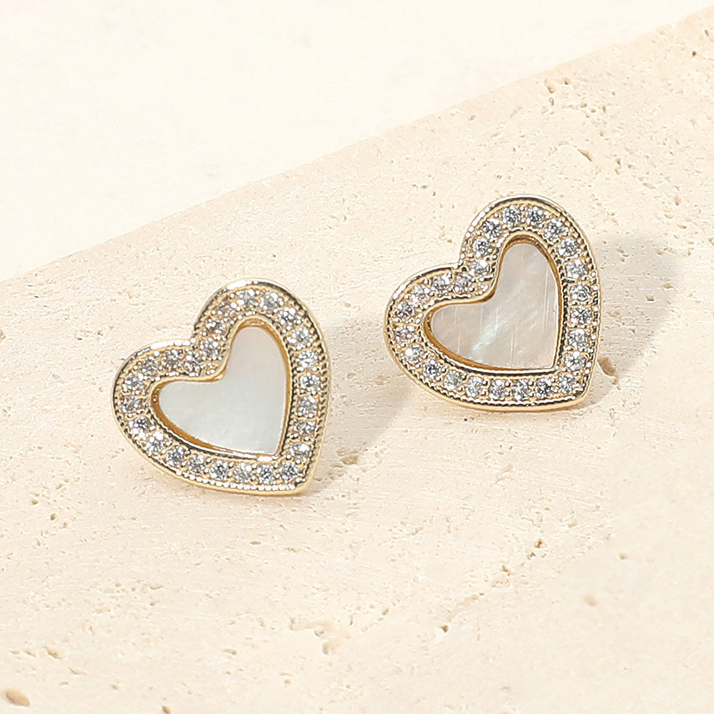14K Gold Plated CZ Stone Pave Rim Mother of Pearl Heart Stud Earrings
