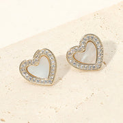 14K Gold Plated CZ Stone Pave Rim Mother of Pearl Heart Stud Earrings