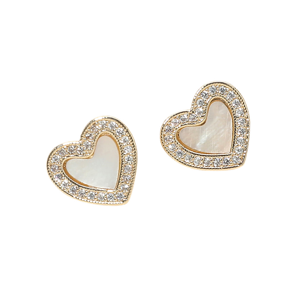 14K Gold Plated CZ Stone Pave Rim Mother of Pearl Heart Stud Earrings