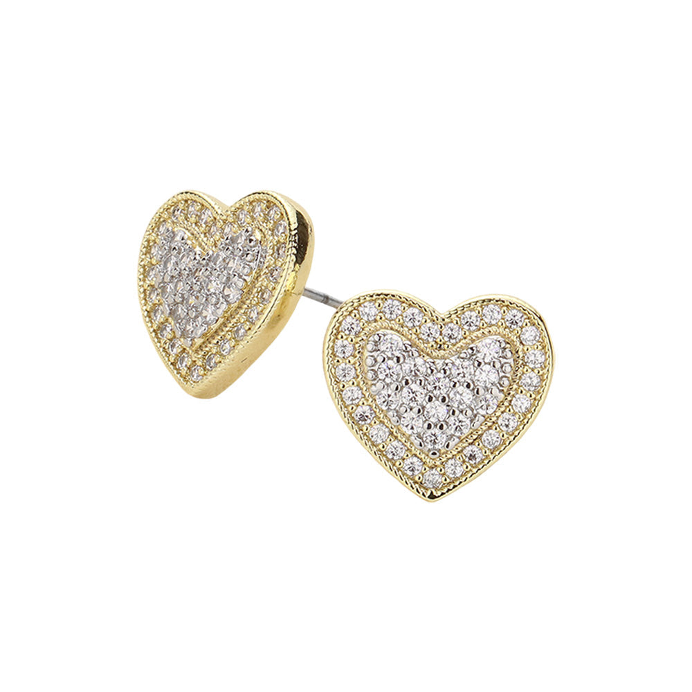 14K Gold Plated CZ Stone Paved Heart Stud Earrings