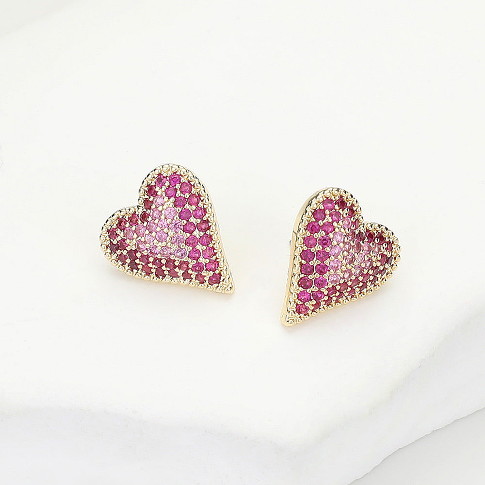14K Gold Plated CZ Stone Paved Heart Stud Earrings