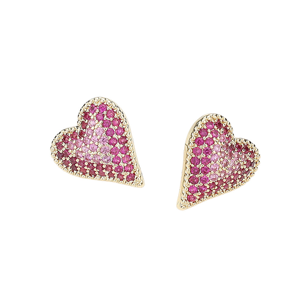 14K Gold Plated CZ Stone Paved Heart Stud Earrings