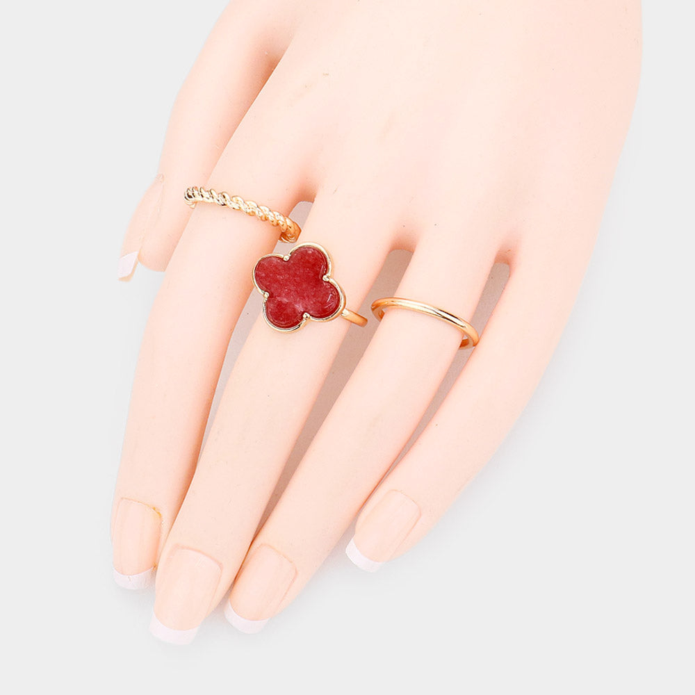 3PCS - Semi Precious Quatrefoil Metal Band Mixed Rings