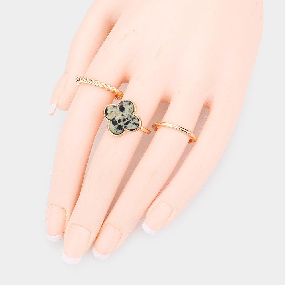 3PCS - Semi Precious Quatrefoil Metal Band Mixed Rings