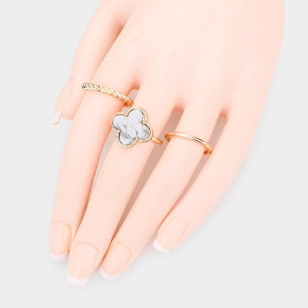 3PCS - Semi Precious Quatrefoil Metal Band Mixed Rings