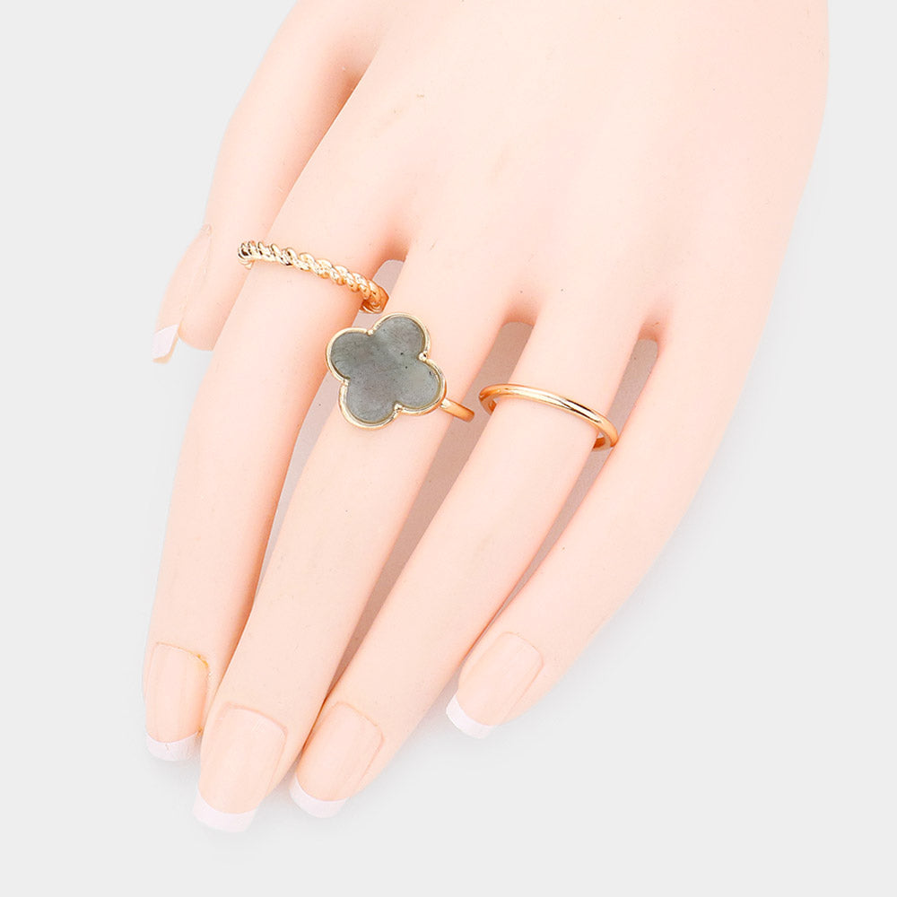 3PCS - Semi Precious Quatrefoil Metal Band Mixed Rings