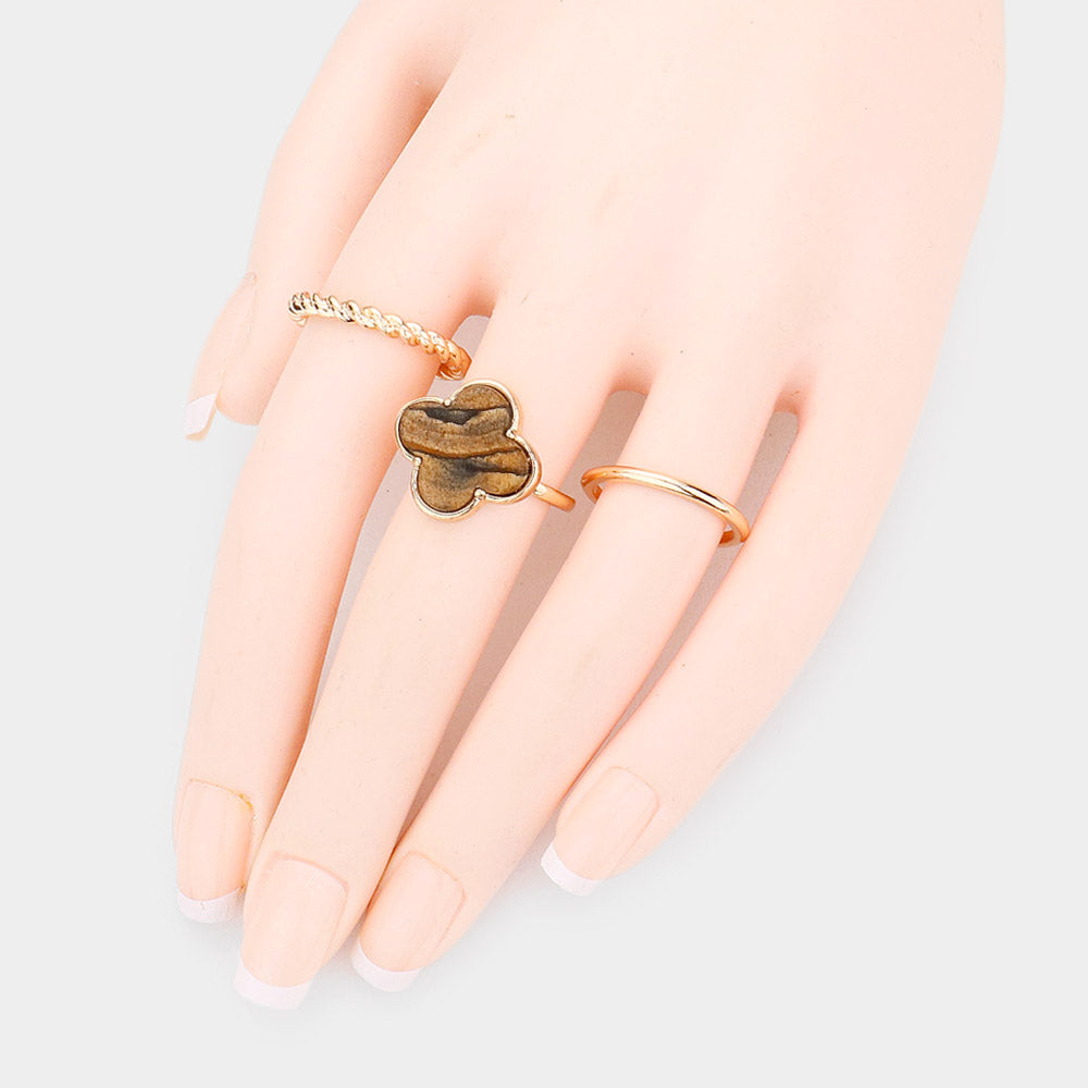 3PCS - Semi Precious Quatrefoil Metal Band Mixed Rings