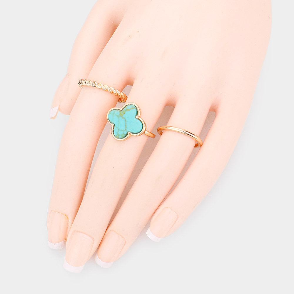 3PCS - Semi Precious Quatrefoil Metal Band Mixed Rings