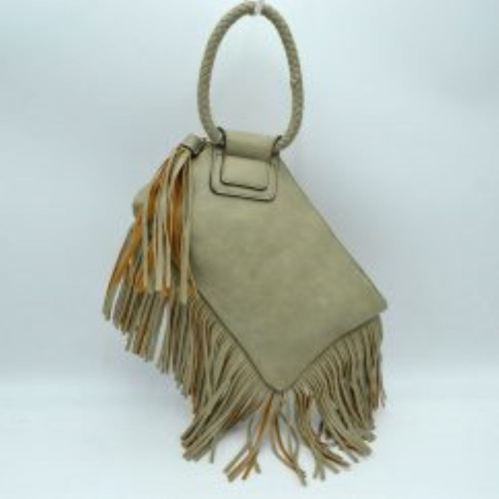 Fringe Accent Clutch Bag with Braided Circular Top Handle