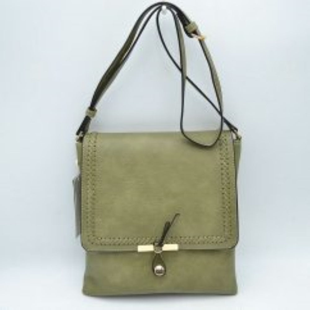 Braided Trim Flap Messenger Crossbody Bag with Metallic Bar T-Lock Closure