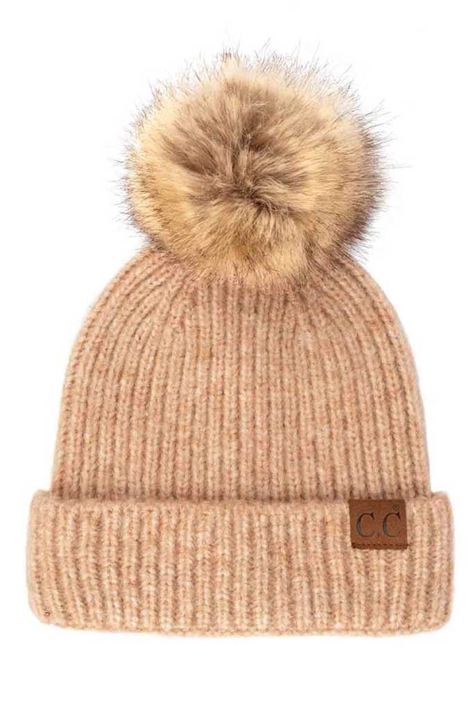 C.C Classic Rib Beanie With Faux Fur Pom