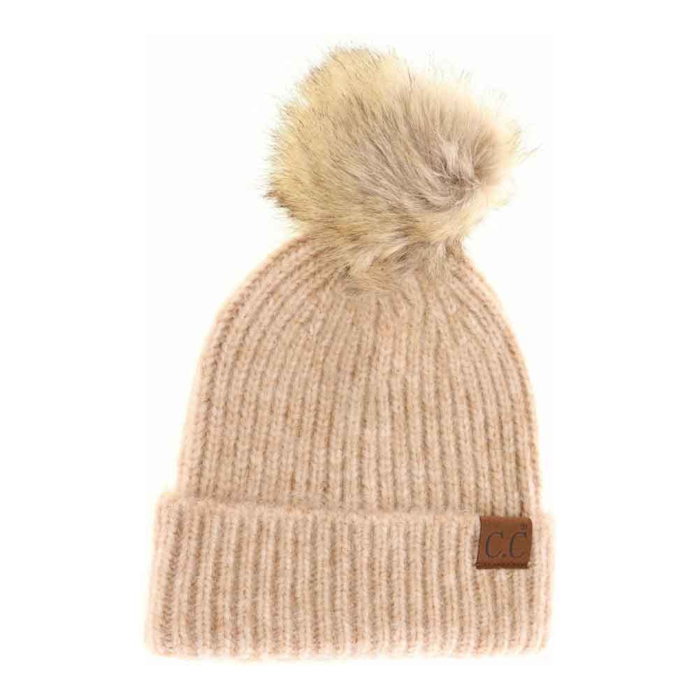 Soft Ribbed Fur Pom C.C Beanie