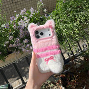 Cute Cartoon Cat Bowknot Warm Furry Fur Plush Phone Case For iPhone