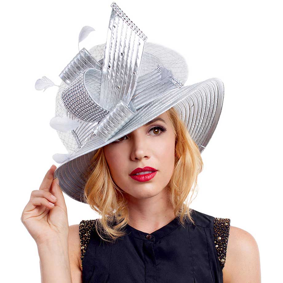 Feather Crystal Detail Metallic Satin Hat