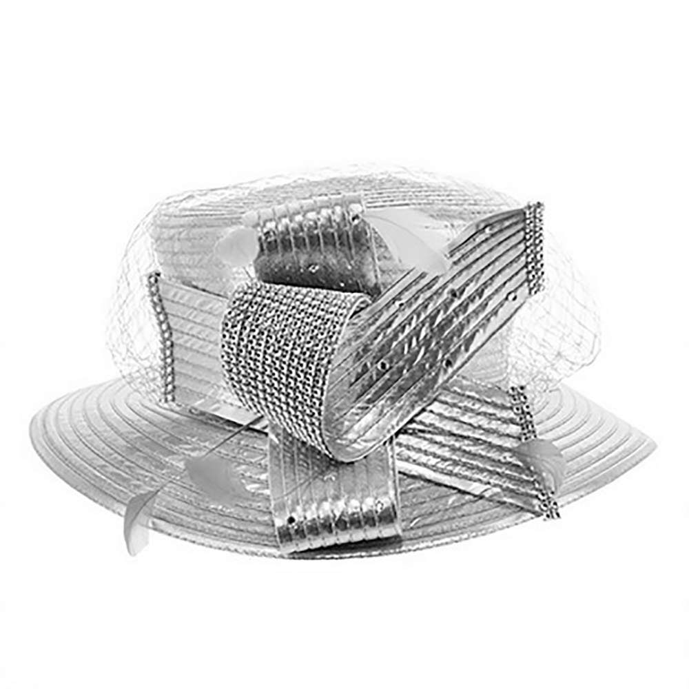 Feather Crystal Detail Metallic Satin Hat