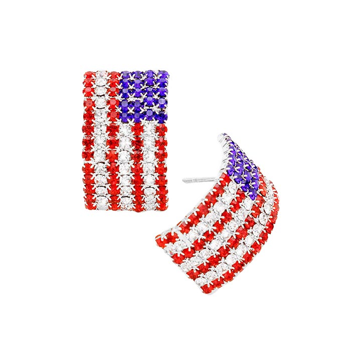 Women's Crystal Pave American Flag Dangle Earrings 4th of July