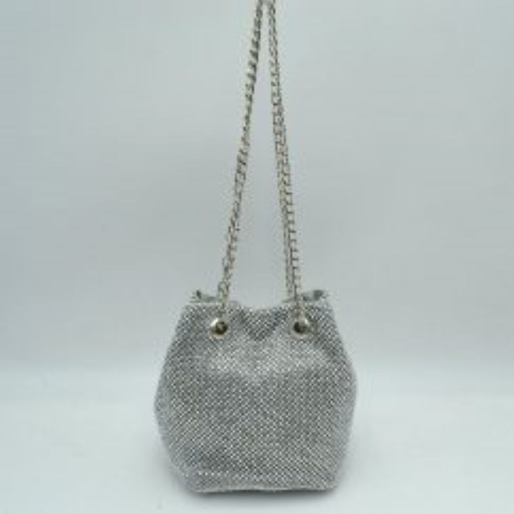 Textured Bucket Bag with Metallic Chain Straps