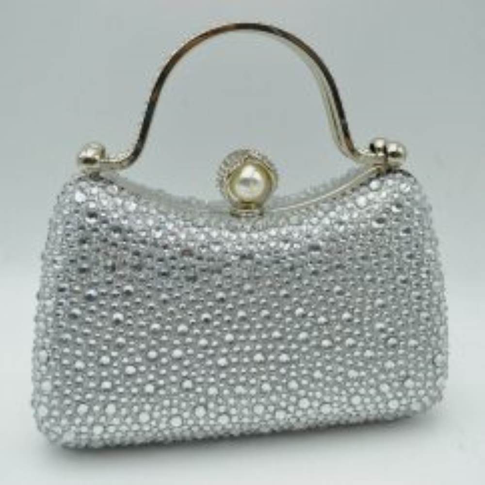 Rhinestone Encrusted Evening Clutch Bag with Pearl Clasp and Metal Handle