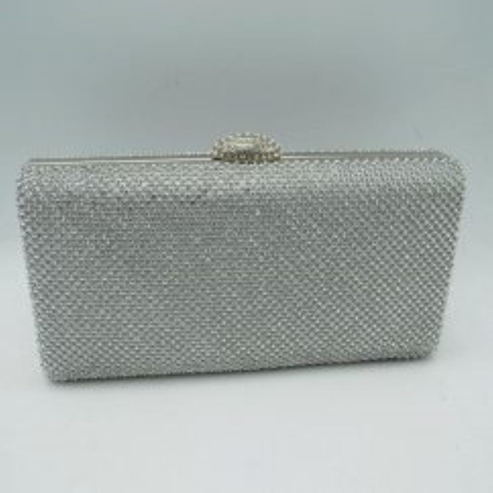 Grid Patterned Box Clutch with Jeweled Dome Clasp