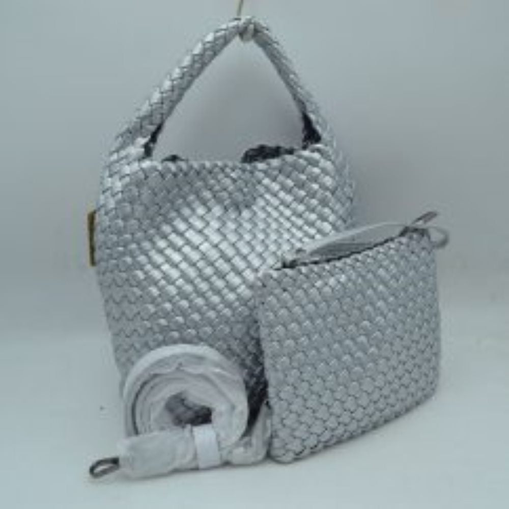 Woven Hobo Bag with Integrated Top Handle and Matching Pouch