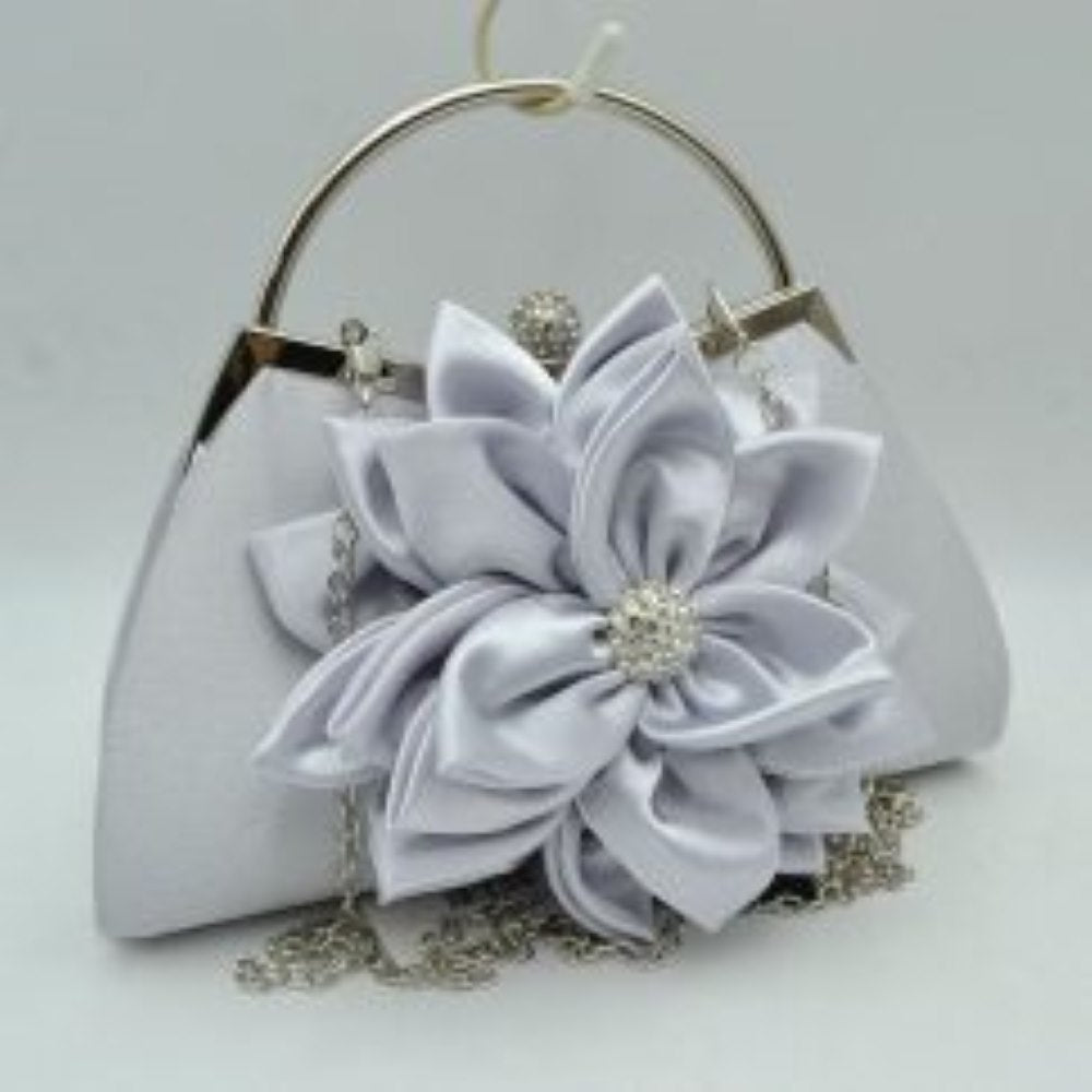 Evening Clutch Bag with Large Fabric Flower and Metal Top Handle