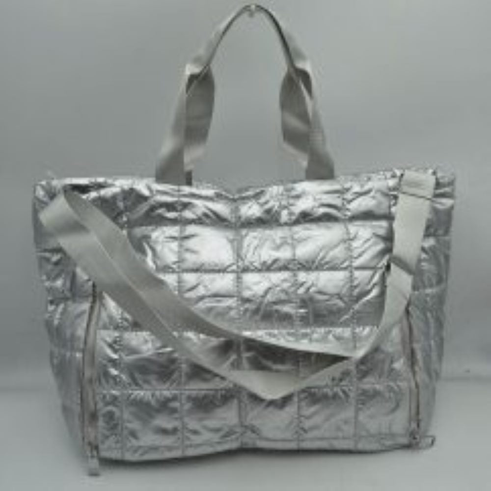 Grid Quilted Puffer Weekender Travel Duffel Bag with Exterior Zipper Pockets