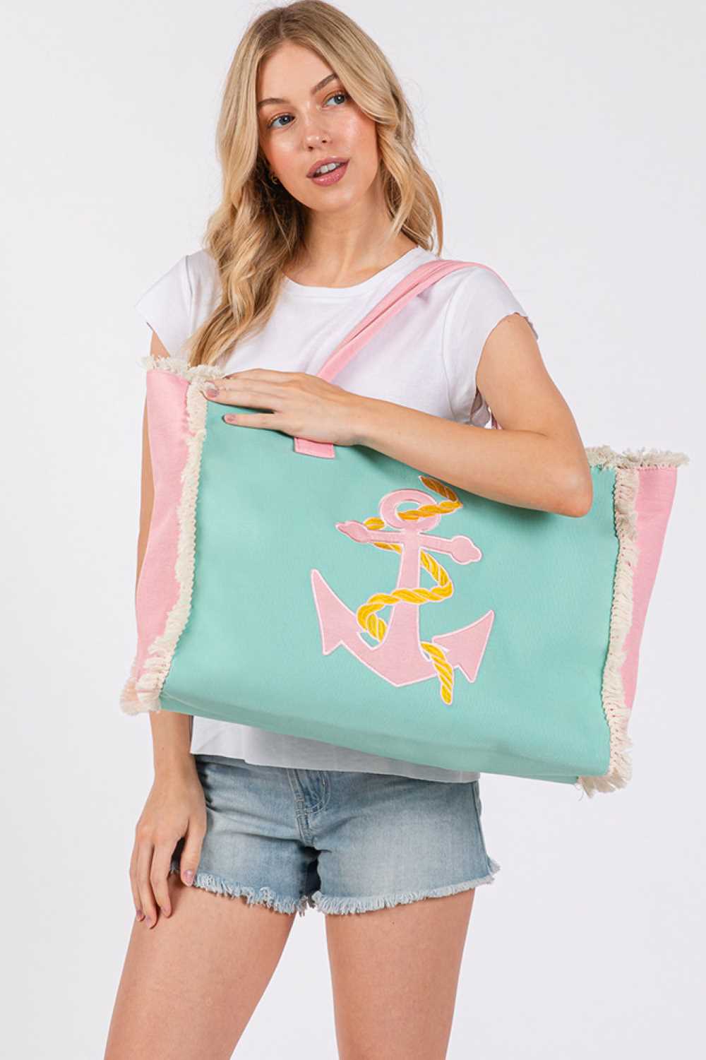 Embroidered Design Patch Fringe Summer Tote Bag