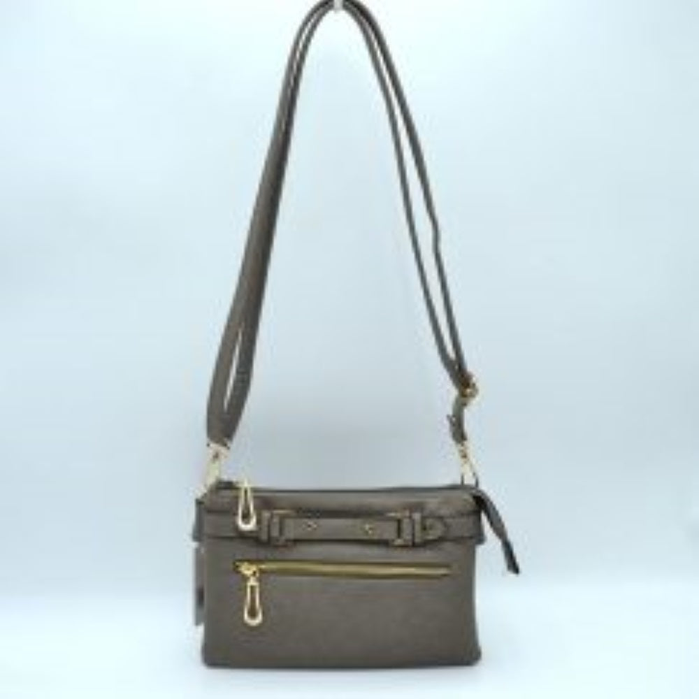Multi-Zipper Crossbody Bag with Adjustable Strap and Gold Hardware