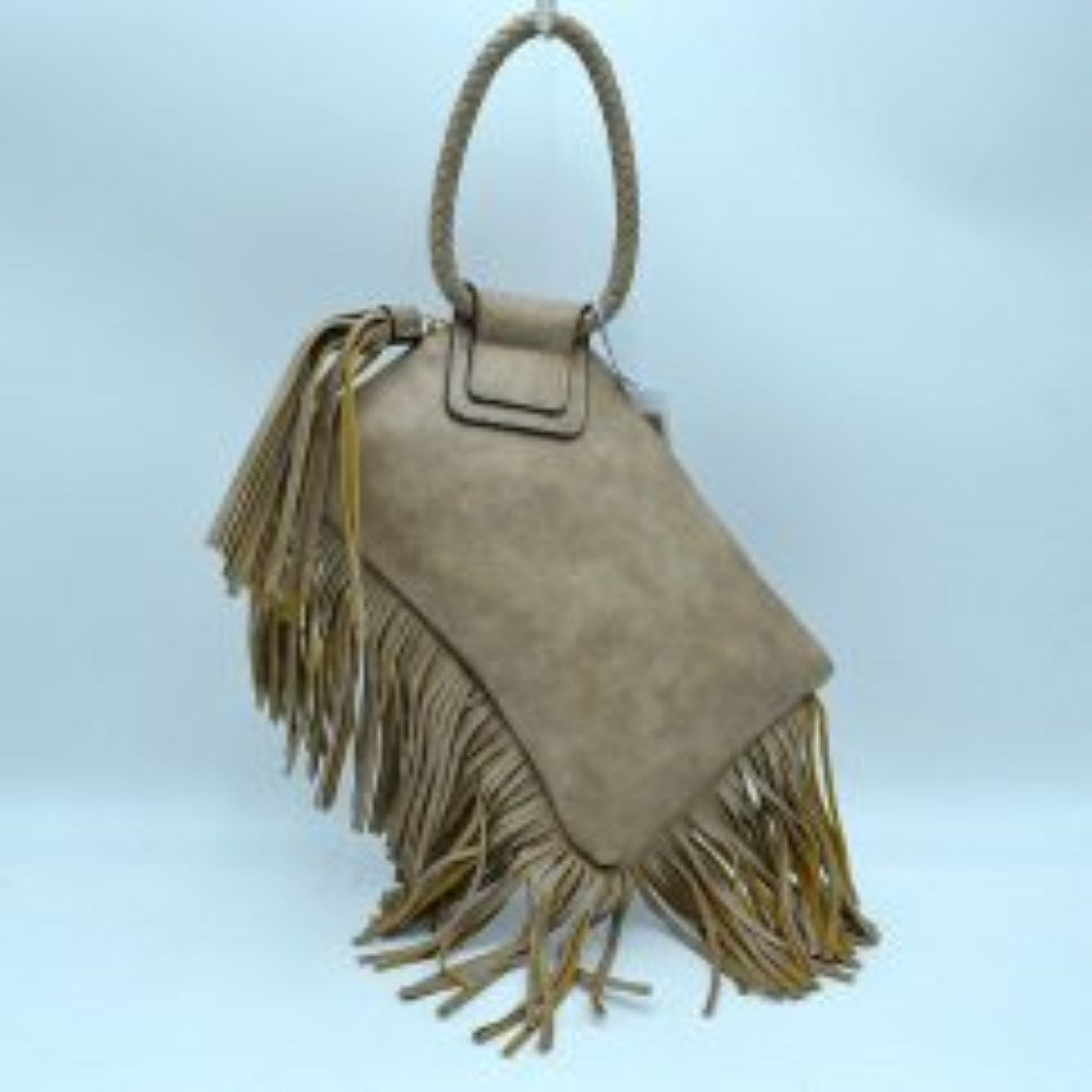 Fringe Accent Clutch Bag with Braided Circular Top Handle