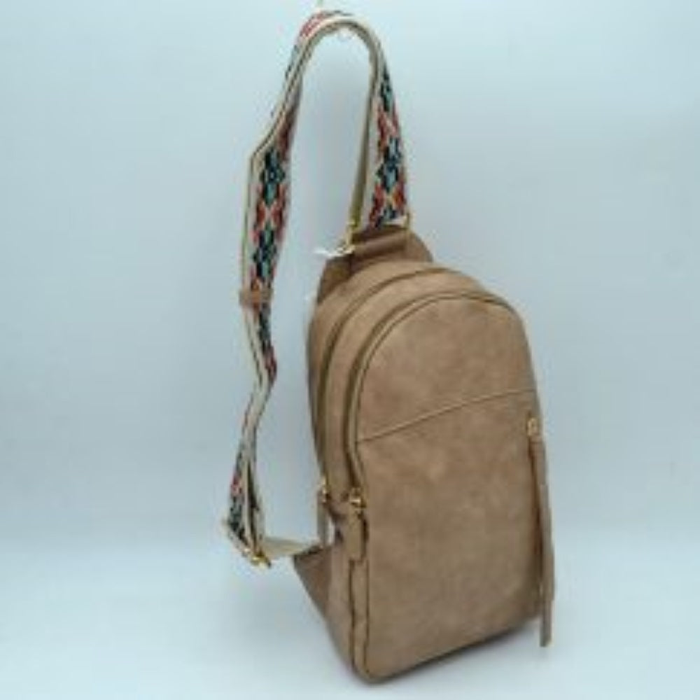 Multi-Zip Sling Backpack with Patterned Shoulder Strap