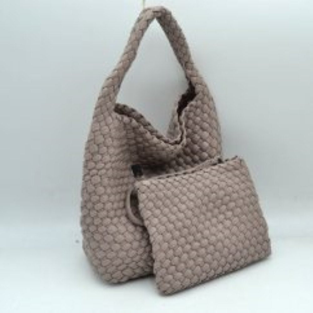 Woven Hobo Bag with Integrated Top Handle and Matching Pouch