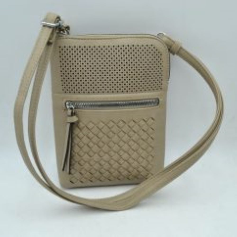 Crossbody Bag with Perforated Panel and Woven Front Detail