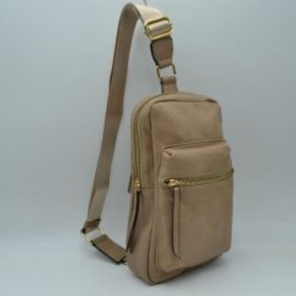 Grained Sling Bag with Metallic Zippers