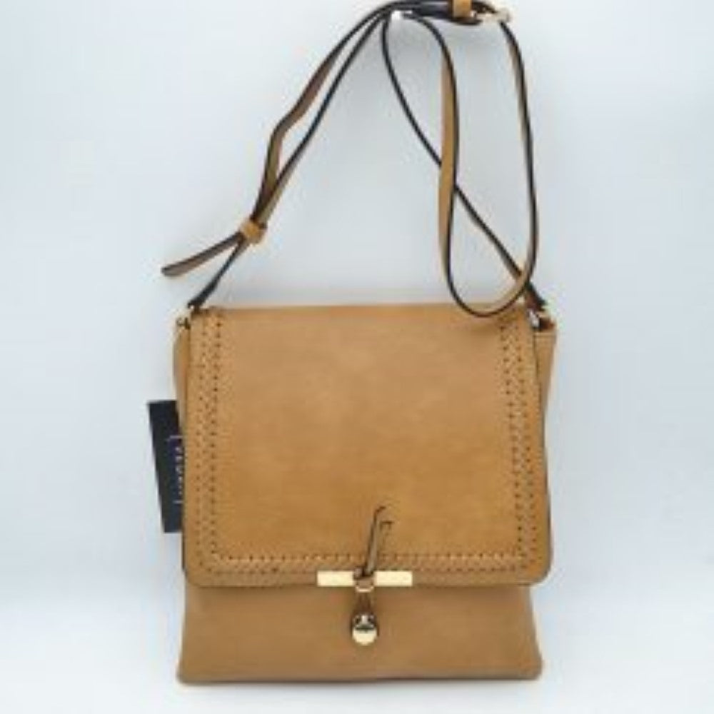 Braided Trim Flap Messenger Crossbody Bag with Metallic Bar T-Lock Closure