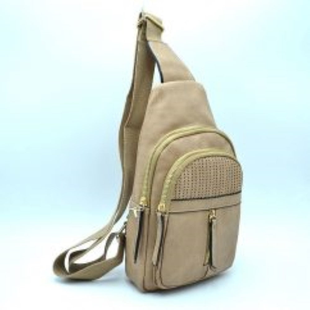Grained Sling Bag with Perforated Accent and Gold Zippers