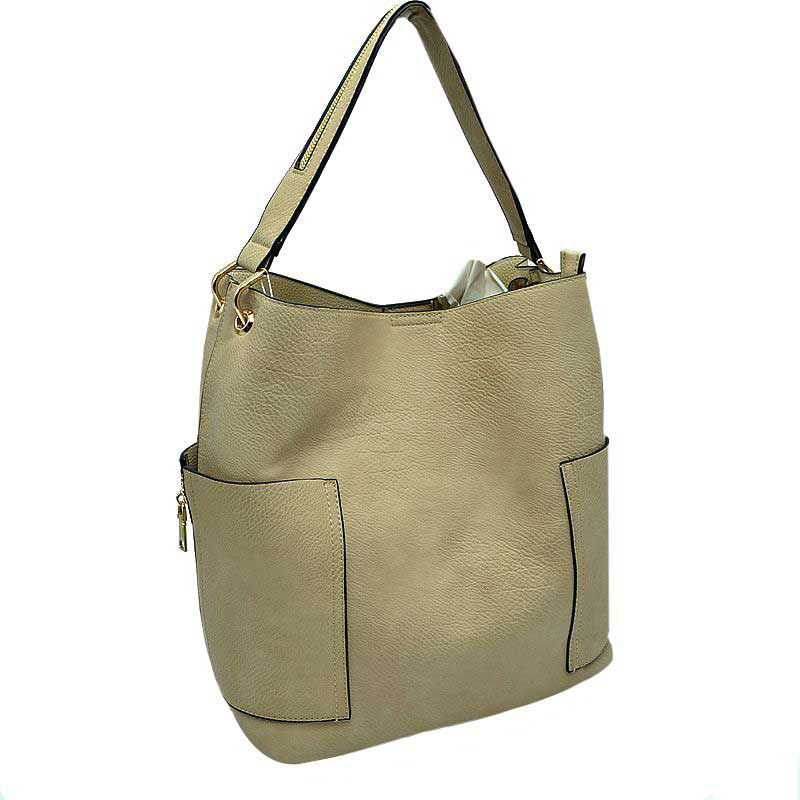 2-in-1 Chic Satchel Side Pocket Bucket Bag with Long Strap